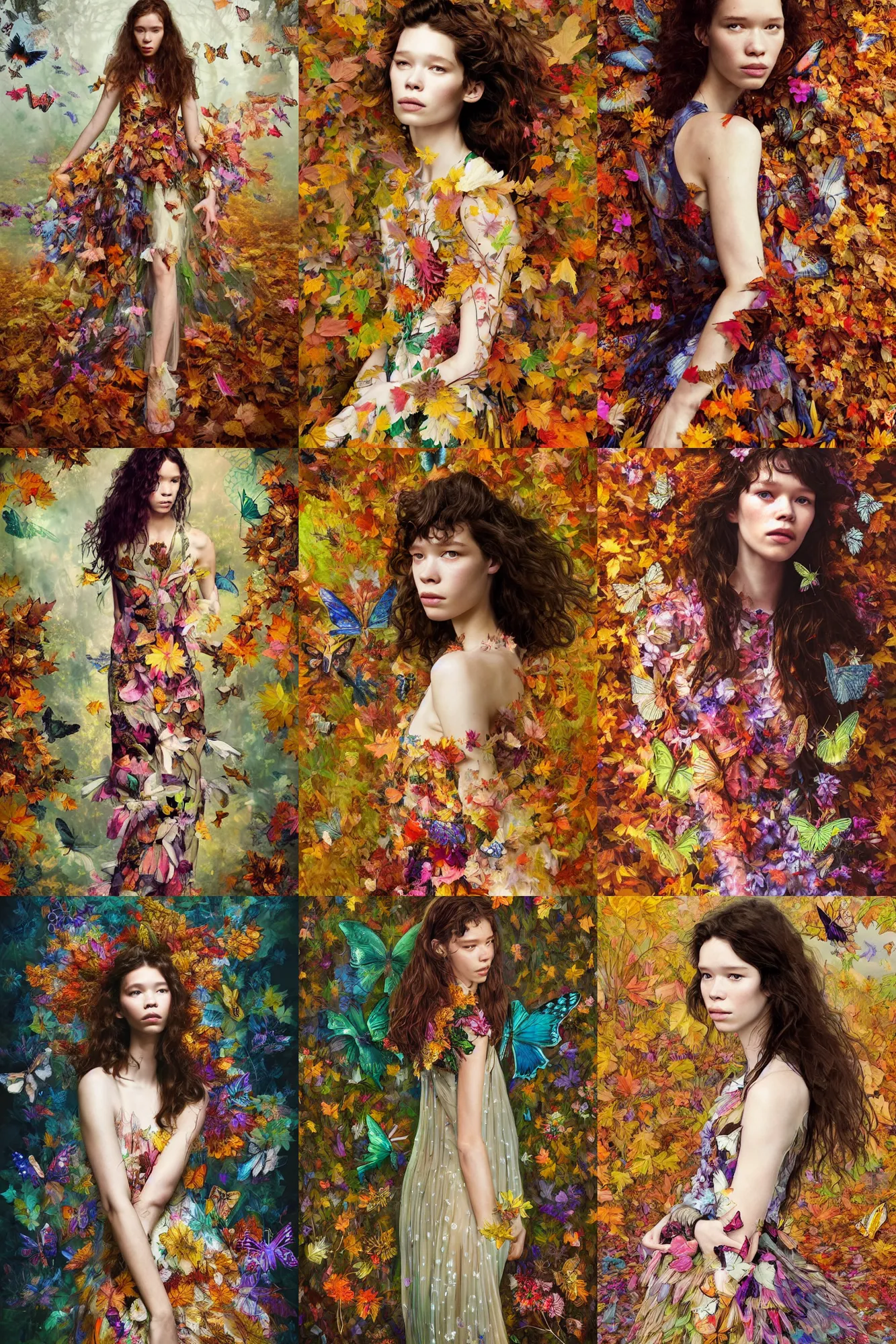 Prompt: masterwork full body portrait of astrid berges frisbey. digital illustration. wearing a dress made out of flowers and butterflies. resting on a background of autumn leaves. fluid, dreamy, ethereal, vivid colours. sharp focus. highly detailed face. wow! cinematic lighting. trending on artstation. cgsociety.