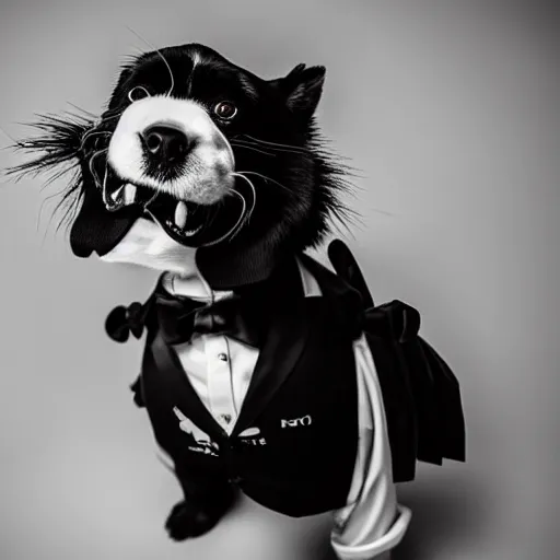 Prompt: a dog wearing a suit in a nightmare, black and white