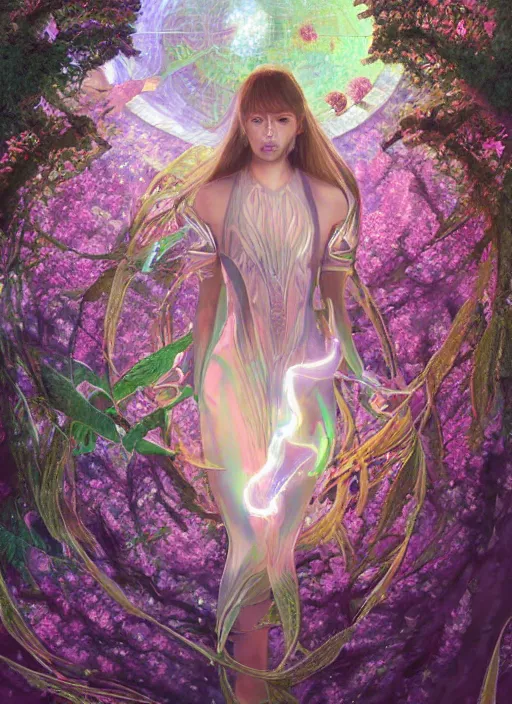 Prompt: portrait of Lalisa Manobal as a Celestial Goddess of a futuristic pearlescent holographic, inside future fighter, sci-fi, fantasy, intricate, lush garden spaceship with sakura season flowers in Kyoto Japan, elegant, human anatomy, royal green and nature light, highly detailed, digital painting, artstation, concept art, smooth, sharp focus, illustration, art by James Jean, masterpiece, 3d blender