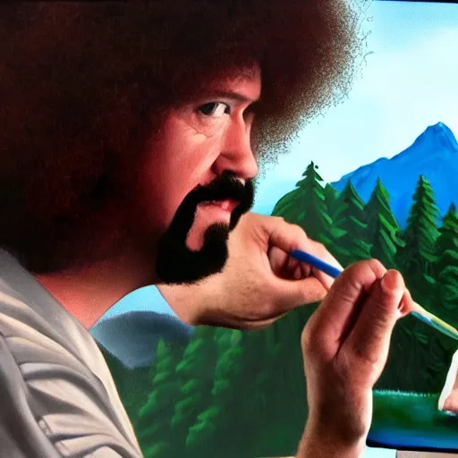 Prompt: a closeup photorealistic photograph of bob ross placing the finishing touches on a canvas painting of kenny powers. mountains and trees. film still. brightly lit scene. this 4 k hd image is trending on artstation, featured on behance, well - rendered, extra crisp, features intricate detail, epic composition and the style of unreal engine.