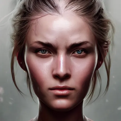 Image similar to a woman with muscles, digital art, photorealistic, unreal engine, 8 k resolution, artstation, beautiful face, pretty face, very detailed eyes, by wlop, greg rutkowski, simon bosley