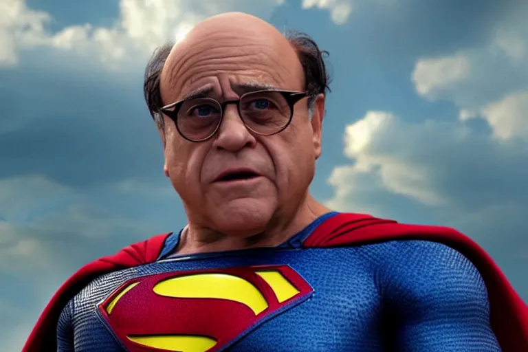 Prompt: film still of Danny Devito as Superman in Justice League movie, 4k