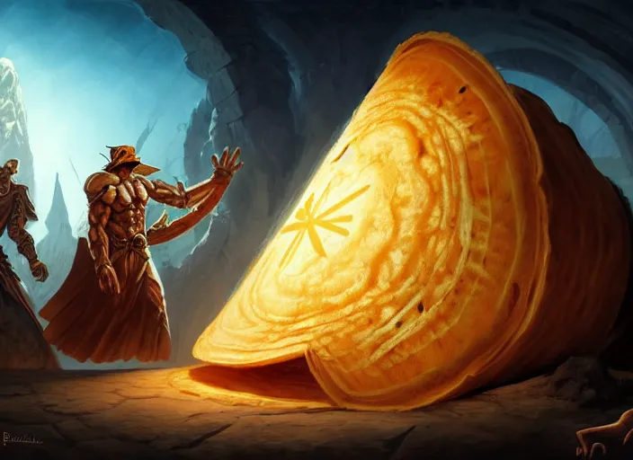 Image similar to a giant flour tortilla wrap with a group of human travelers trapped inside, by marco bucci and frank frazetta, style of magic the gathering, high resolution, fantasy coloring, intricate, digital painting, artstation, smooth, sharp focus