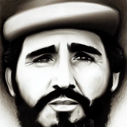 Image similar to portrait of a justin trudeau dreesed as fidel castro, photography, sepia, realism, realistic