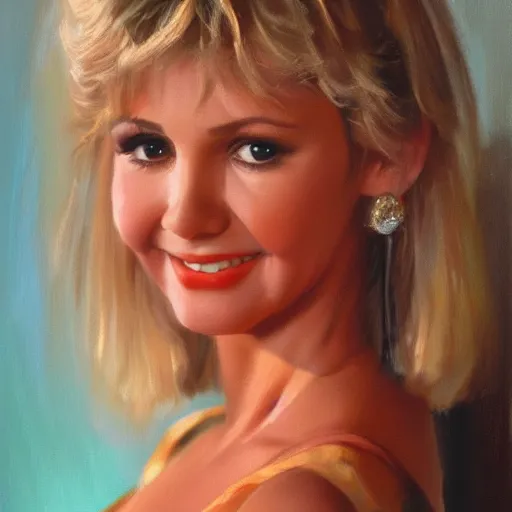 Image similar to closeup portrait of olivia newton john in her 2 0 s, movie still grease ( 1 9 7 8 ), evening, highly detailed oil painting, vladimir volegov, artstation