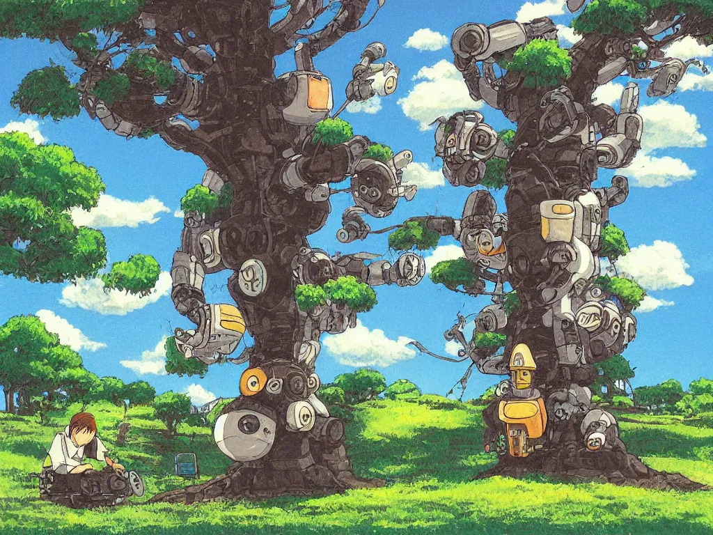 Image similar to painting of a robot sitting under a tree, in the style of Studio Ghibli, by Hayao Miyazaki