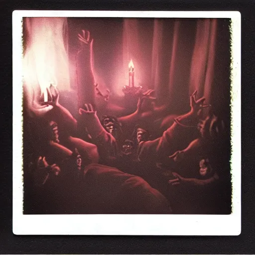 Prompt: a dark scenery of a demonic summoning ritual gone terribly wrong, polaroid pic by realistic horrors