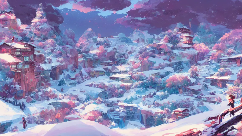 Prompt: landscape of a snowy mountainous region, rich vivid colors, ambient lighting, dynamic lighting, 4k, HQ, official media, anime key visual, makoto shinkai, ilya kuvshinov, lois van baarle, rossdraws, detailed, trending on artstation