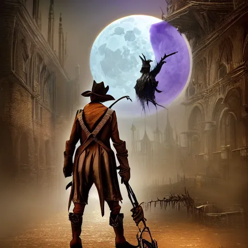 Image similar to a detailed 3 d render of darkwing duck dressed as the hunter from bloodborne, let's get dangerous, digital art, dark fantasy, concept art, soulslike, by alphonse mucha, blood moon eclipse, wherewolves in a ruined building in the background, artstation, 8 k, unreal engine render