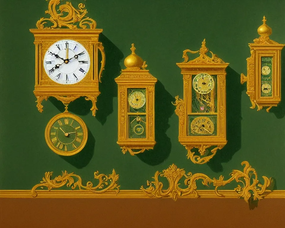 Image similar to an achingly beautiful print of dozens of ornate gold clocks on a dark green wall by Raphael, Hopper, and Rene Magritte. detailed, romantic, enchanting, trending on artstation.