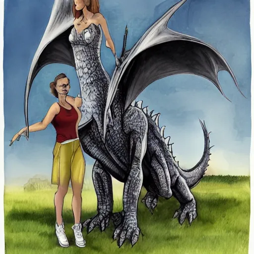 Image similar to a woman is standing next to a large dragon, art by steve ferris