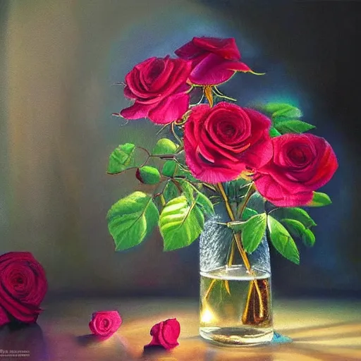 Prompt: oil painting of roses in cinematic light, strong shadows, dramatic setting and very very very very beautiful masterpiece, light reflection, light refraction, transparent glass