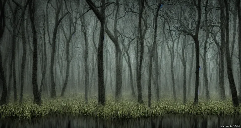 Image similar to A dense and dark enchanted forest with a swamp, by Jason De Graaf