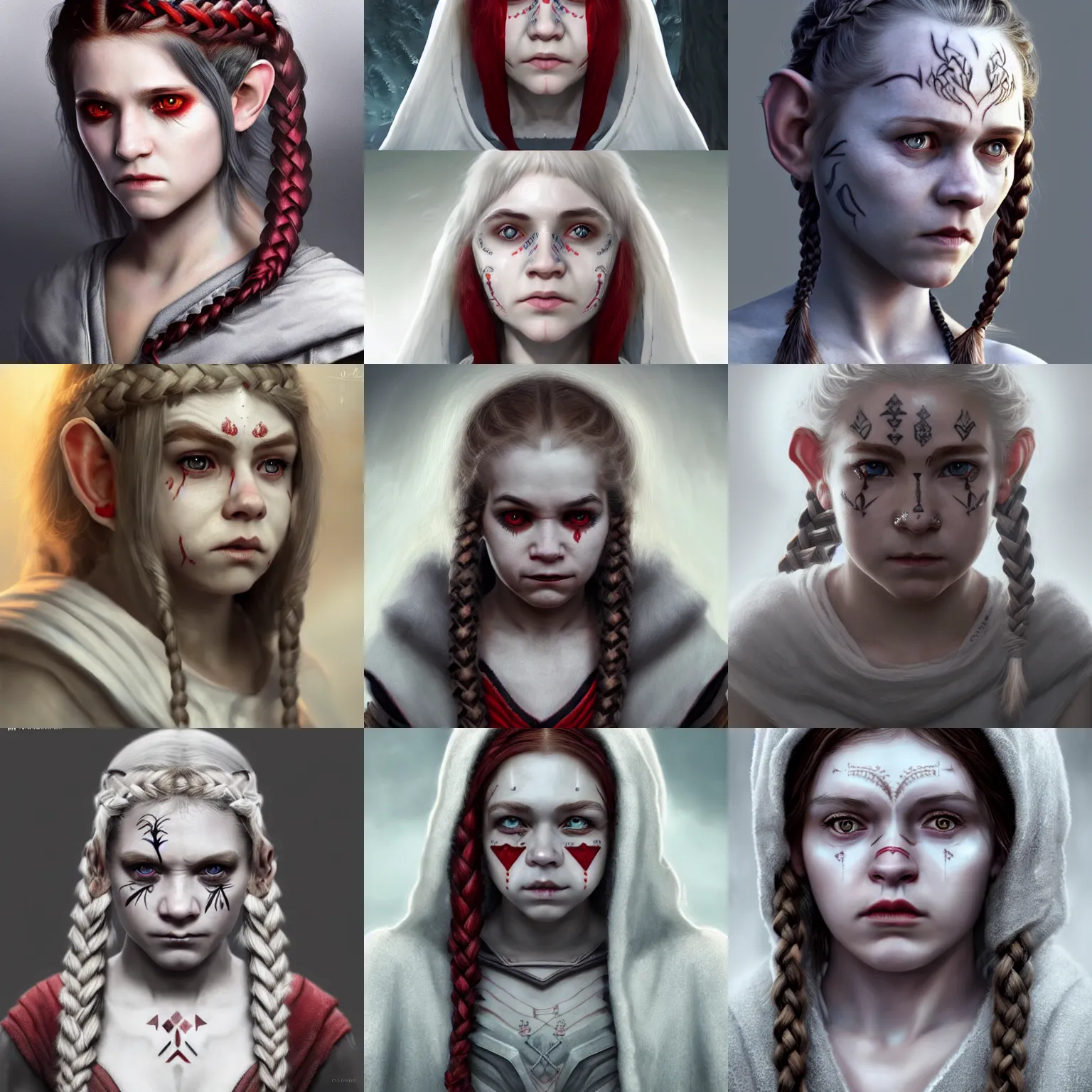 Prompt: realistic portrait of a young female halfling with white!! hair and a grey cloak, strange geometric facial - tattoos!!, pale - white skin, red iris, long braided hair, haunted sad expression, artstation, cinematic lighting, hyper - detailed 8 k