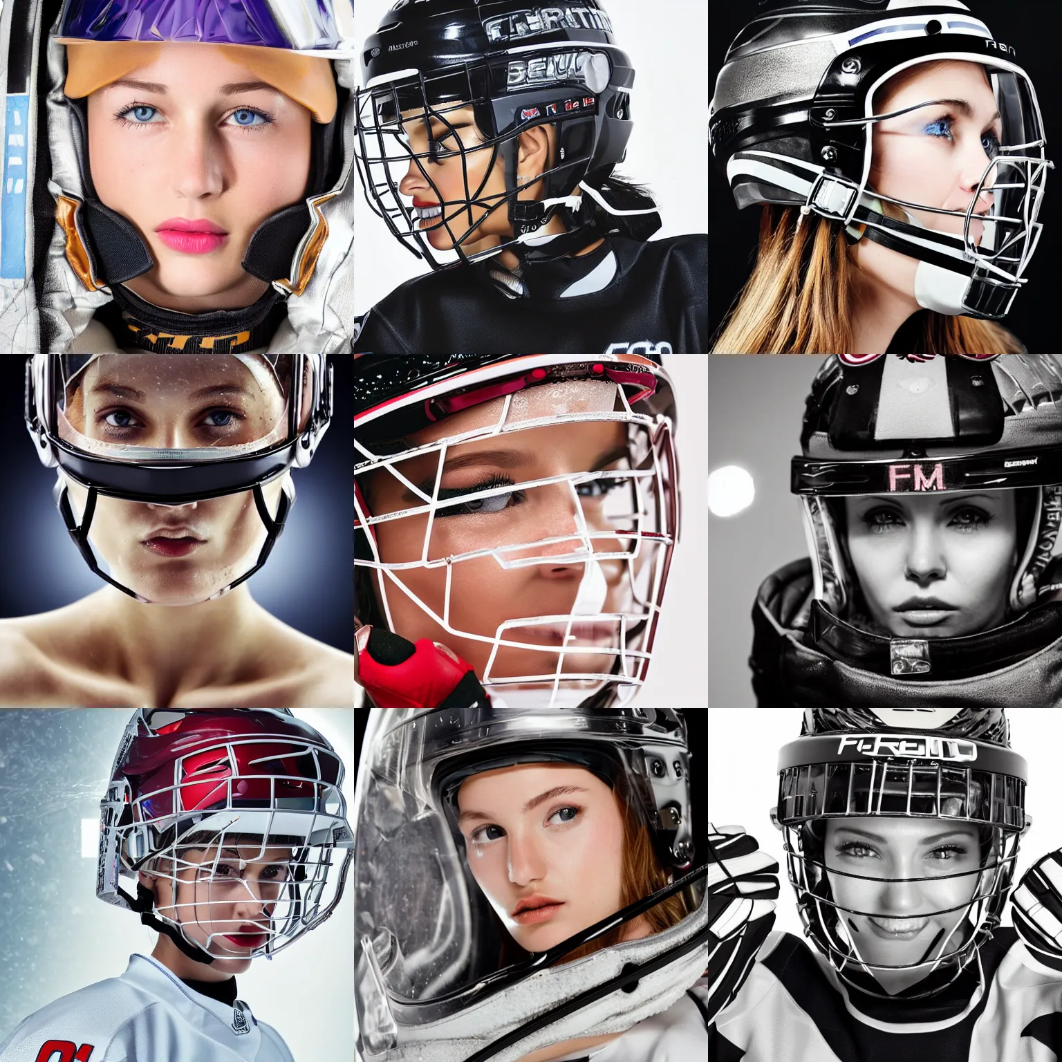Prompt: beautiful extreme closeup portrait photo of frontiers in female supermodel ice hockey player with high-tech helmet, fashion magazine November retrofuturism Habs edition, highly detailed, soft lighting