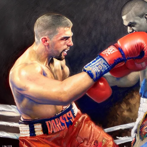 Image similar to a beautiful painting of kanye west fist - fighting pete davidson in a boxing ring, rendered art, highly detailed painting by gaston bussiere, craig mullins, j. c. leyendecker 8 k, trending on artstation, art, fighting, watercolor