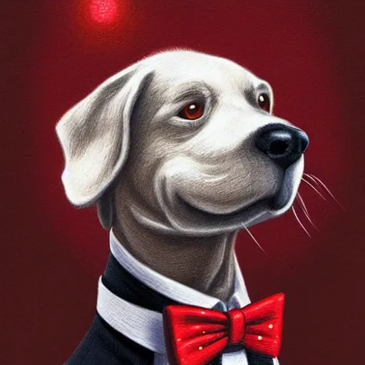 Image similar to portrait illustration of funny dog in the white tuxedo and red tie by jeremiah ketner, quint buchholz, wlop, dan mumford