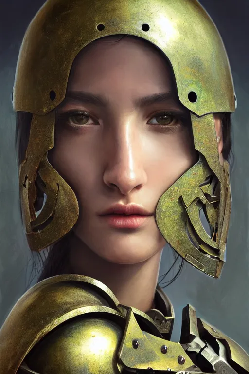 Image similar to a photorealistic painting of an attractive young girl, partially clothed in metal-plated battle armor, olive skin, long dark hair, beautiful bone structure, symmetrical face, perfect eyes, intricate, elegant, digital painting, concept art, illustration, sharp focus, minimal artifacts, from Metal Gear, in the style of Ruan Jia and Mandy Jurgens, by Greg Rutkowski, trending on Artstation, award winning