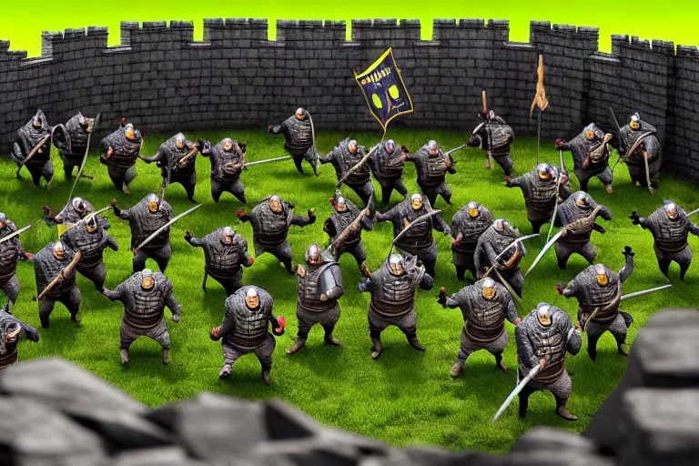 Image similar to diorama of minions fighting orcs in the battle of helm's deep, giant castle walls, realistic, 4 k, detailed