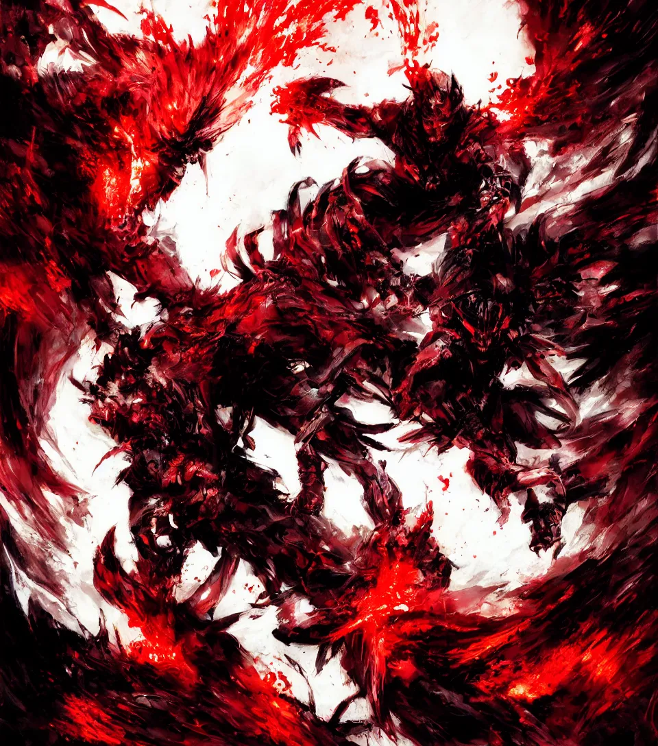 Prompt: lone demonic ninja in hell, red flames, collaborative artwork by yoshikita amano, ruan jia, yoji shinkawa, trending on artstation, very very detailed, beautiful, amazing quality, breathtaking artwork