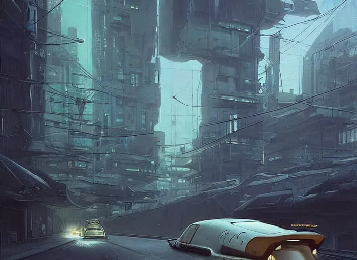 Prompt: a car bu driving down a street next to tall Forest-1 the night, cyberpunk art by Chesley Bonestell, cgsociety, retrofuturism, matte painting, reimagined by industrial light and magic