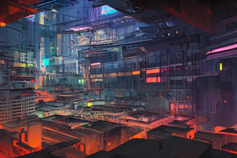 Image similar to orange government building, cyberpunk city, studio gainax art, intricate electronics, moody lighting