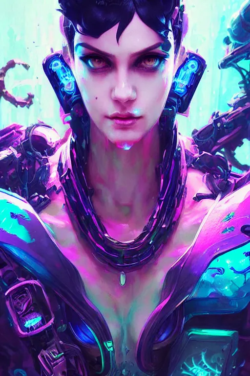 Prompt: morgana from league of legends, cyberpunk futuristic neon. veins and living pipes everywhere, decorated with traditional japanese ornaments by ismail inceoglu dragan bibin hans thoma greg rutkowski alexandros pyromallis nekro rene maritte illustrated, perfect face, fine details, realistic shaded, fine - face, pretty face, masterpiece
