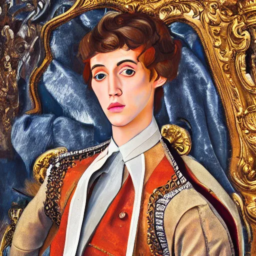 Image similar to hyperdetailed maximalist elaborate half - lenght portrait of a futuristic a beautiful young teen boy, wearing long clothing. rococo architecture, in the style of modigliani and mixed media collage. matte background hd 8 x