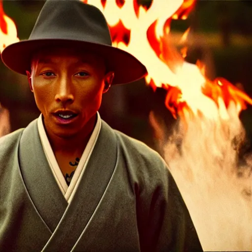 Image similar to cinematic film still Pharrell Williams starring as a Samurai holding fire, Japanese CGI, VFX, 2003, 40mm lens, shallow depth of field,film photography