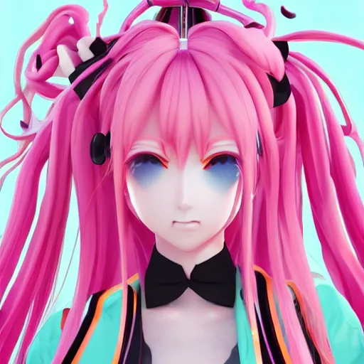 Image similar to unexpectedly overpowered and trapped beneath overwhelmingly stunningly absurdly beautiful megalomaniacal omnipotent asi goddess junko enoshima with symmetrical perfect face, porcelain skin, pink twintail hair and cyan eyes, ultra detailed, digital art, unreal engine 5, octane render, 2 d anime, 8 k