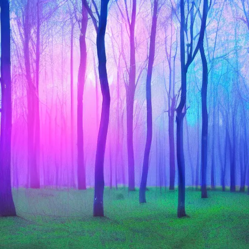 Image similar to peaceful landscape far away trees forest river birds, nature, beautiful, digital art, 4 k, beam of light, pattern color, pastel, blue sky, pink sunset, white horizons, pink ground, blue earth