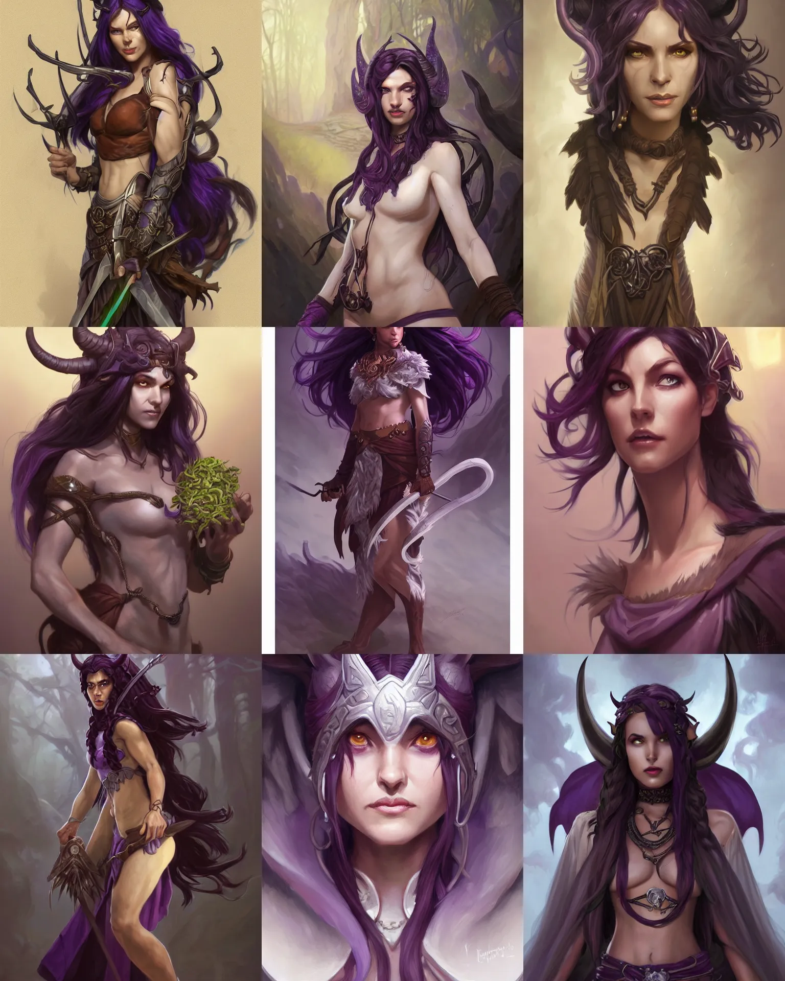 Image similar to Attractive Tiefling Druid, She has light brown skin, dark purple hair, and silver eyes full body, dungeons and dragons portrait, highly detailed, digital painting, artstation, concept art, sharp focus, illustration, art by artgerm and greg rutkowski and alphonse mucha