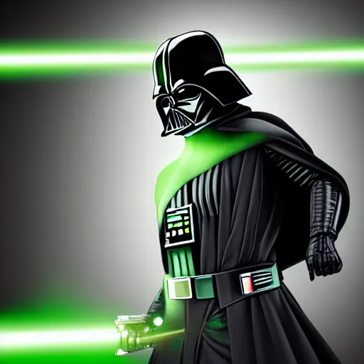 Prompt: A studio image of Darth Vader holding a green lightsaber, ray tracing, black background, 4k, hyper detailed, studio lighting, movie set,