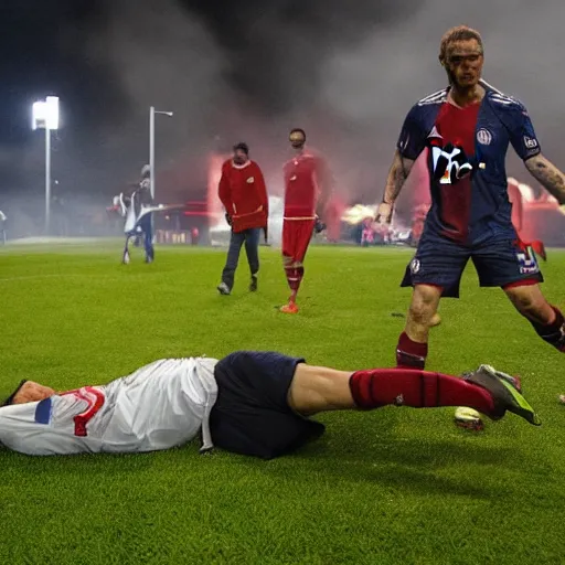 Image similar to a crime scene where a bayern munchen player has been butchered down by a football player from paris saint germain, wide shot, in the style of gregory crewdson