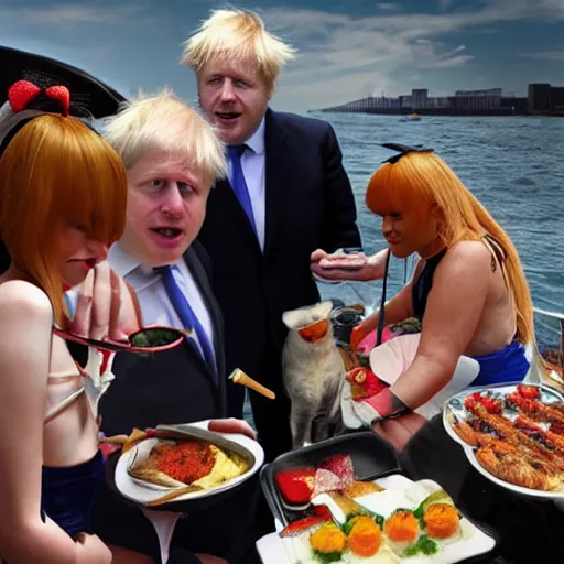 Image similar to boris johnson having a cookout with his personal anime catgirls on a boat