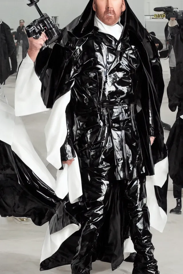 Image similar to a pale white hair Nicolas Cage in a black latex acronym cape, in the style of mike dringenberg and ashley wood