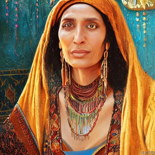 Image similar to portrait of a tunesian woman ( 3 5 ) from tunesia in 2 0 2 1, an oil painting by ross tran and thomas kincade