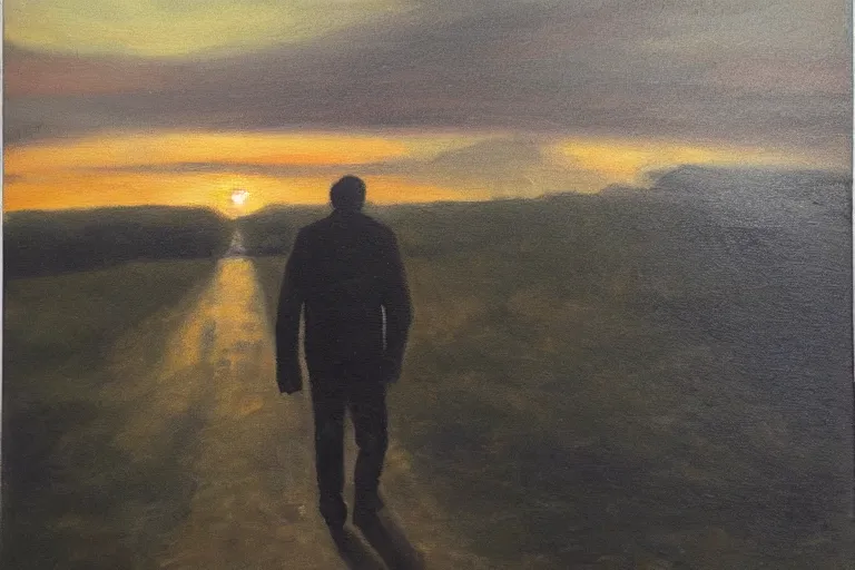 Prompt: oil painting of a man walking away into the sunset, from a distance