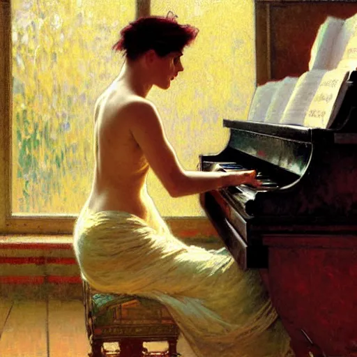 Image similar to cat, playing piano, painting by gaston bussiere, craig mullins, greg rutkowski, alphonse mucha