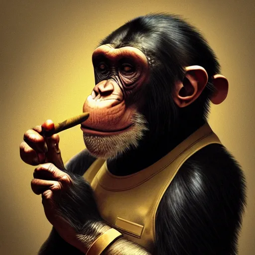 Image similar to a chimp wearing a suit smoking a cigar, dramatic lighting, cinematic, establishing shot, extremly high detail, photorealistic, cinematic lighting, artstation, style by James Gurney