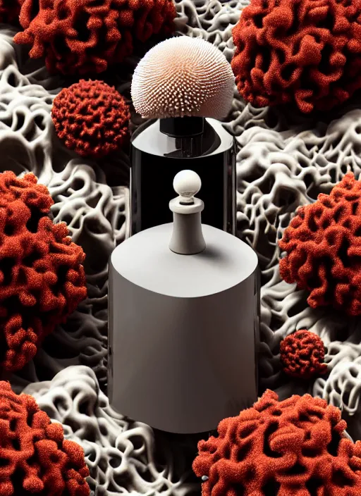 Prompt: perfume bottle standing in a miniature biomechanical black enchanted coral kingdom made of corals, mushrooms, puffballs, rhizomorphs in an ivory room well contoured smooth fair walls, up close shot, sharp focus, global illumination, radiant light, alexandre ferra white mecha, irakli nadar, octane highly render, 4 k, ultra hd,