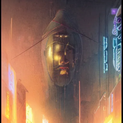 Prompt: portrait of masked byzantine blade runner 2 0 4 9 on the art deco streets of the neo tokyo during the cyber triumph, award - winning realistic sci - fi concept art by beksinski, bruegel, greg rutkowski, alphonse mucha, and yoshitaka amano