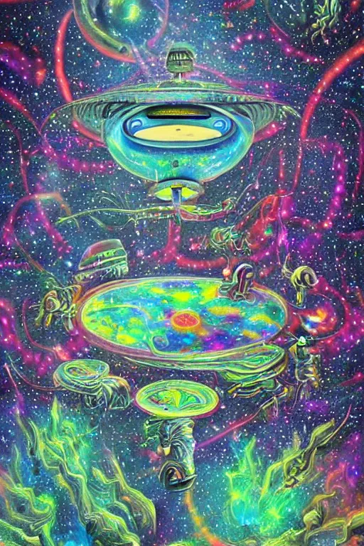 Image similar to a very high hyperdetailed ultrarealistic painting of 👽💻🌌 psychedelic ufo surreal magic realism spiritual art