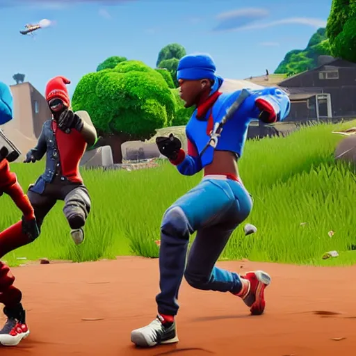 Image similar to a battle between the crips and bloods in fortnite