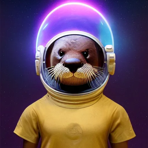 Image similar to a realistic portrait of an otter wearing a space helmet and visor set against a space and nebula background, trending on artstation, ultra detail, photorealistic, fine detail, cgi, zbrush, global illumination, studio lighting