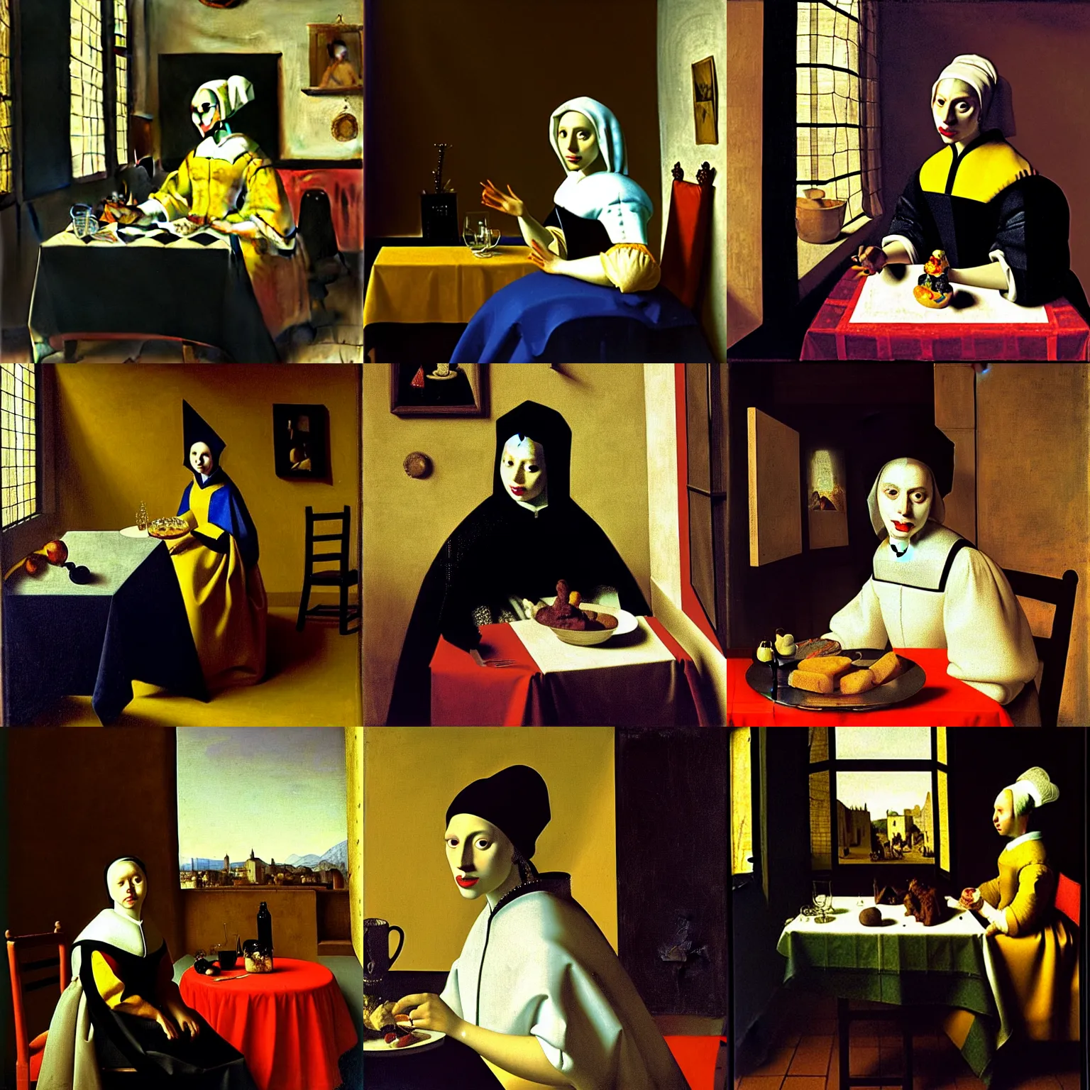 Prompt: portrait of lady gaga sitting at a table at the window of a restaurant by vermeer