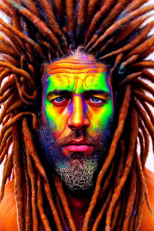 Image similar to hyperrealistic close - up portrait of psychedelic colorful acid neuro - shaman dreadlocks hippy highly detailed concept art eric zener elson peter cinematic hard lighting high angle hd 8 k sharp shallow depth of field, inspired by denis villeneuve and zdzisław beksinski