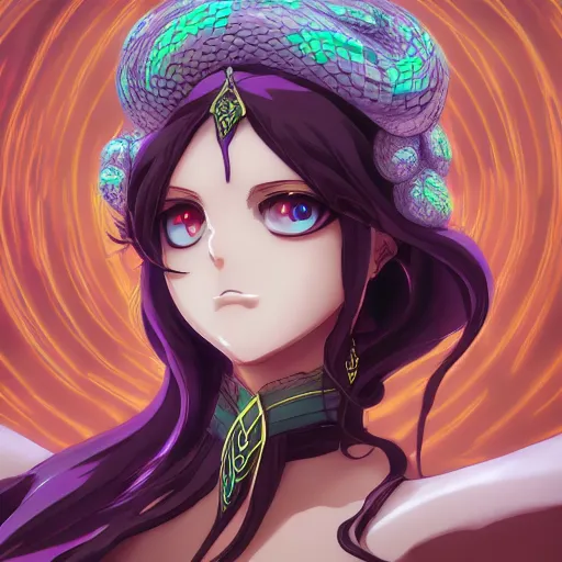 Prompt: portrait of medousiana the earth goddess of snakes, anime fantasy illustration by tomoyuki yamasaki, kyoto studio, madhouse, ufotable, square enix, cinematic lighting, trending on artstation