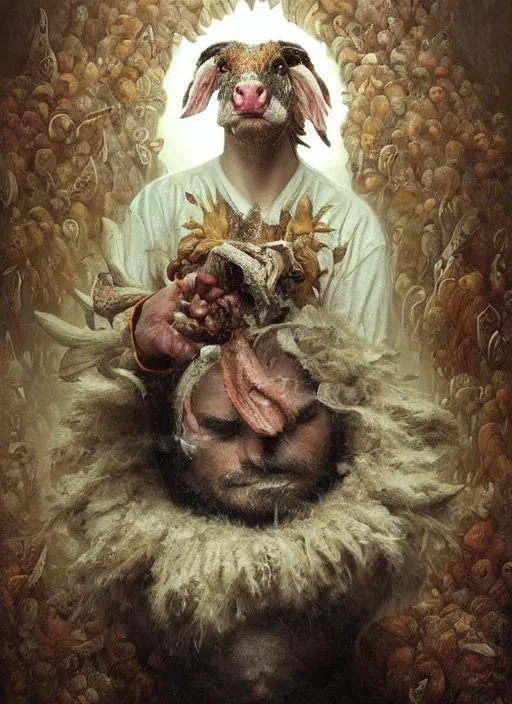 Image similar to a hyper detailed painting of a anthropomorphic joaquin phoenix as the king of animals, cow horns, pig nose, sheep wool, chicken feathers, horror, by anna podedworna, by miklos ligeti, by diego maricato, by taran fiddler, by antonino truisi, by chris reddie, on artstation