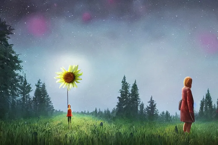 Image similar to giant daisy flower over head, girl walking in thick forest, surreal photography, dark night, stars, moon light, impressionist painting, clouds, digital painting, artstation, simon stalenhag